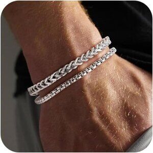 2Pcs Silver Cuban Link Bracelets for Men Stainless Steel Adjustable Non Tarnish